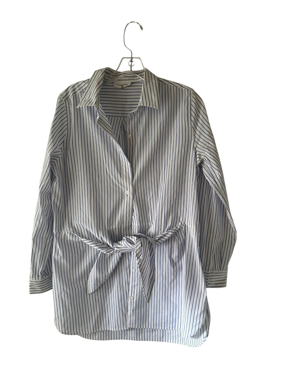 Calvin Klein Blue and White Striped Tie-Waist Button-Down Blouse